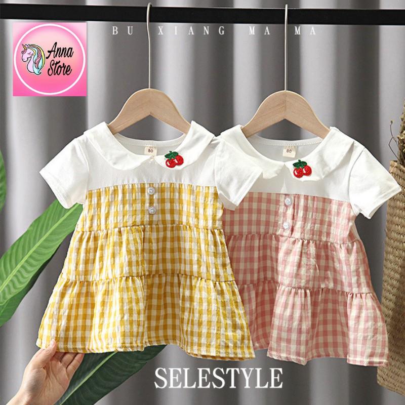 Váy Đầm Bé Gái Ngắn Tay Caro Hồng, Cổ Sen Thêu Chery Đỏ, Cotton mát hút mồ hôi,  Anna store