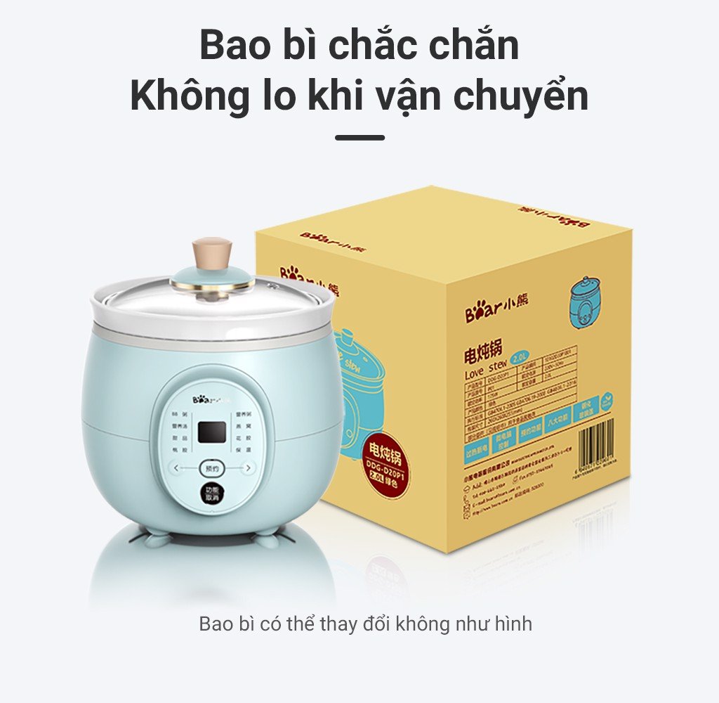 Nồi nấu chậm Bear DDG-D20P1 - Dung tích 2 lít - Lòng nồi gốm sứ - Hàng chính hãng