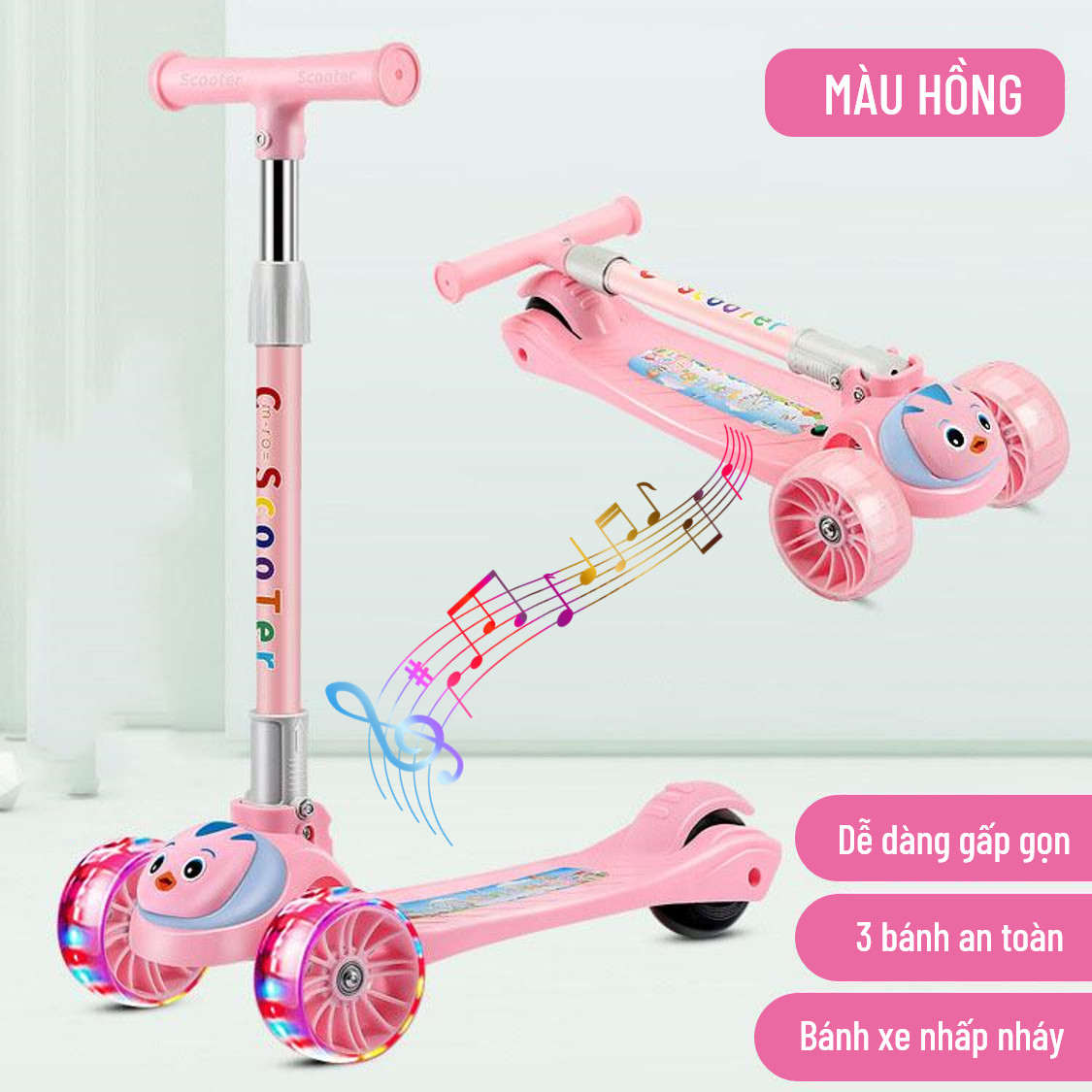 Xe Trượt Scooter Cho Bé - Có Đèn Led Phát Sáng - Phát Nhạc - Dành Cho Trẻ Em Từ 3 - 15 Tuổi, chất liệu nhựa PP thân thiện môi trường, gọn nhẹ, dễ dang mang theo