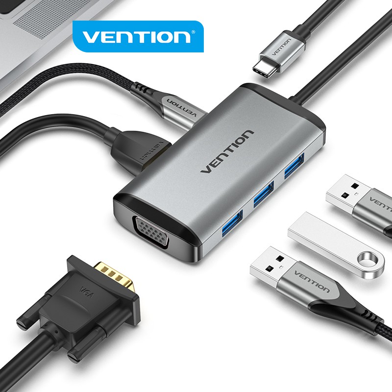 Bộ chuyển đổi Type-C sang VGA + HDMI + 3 cổng USB 3.0 + Sạc Type-C PD 87W Vention TGSHB (6 in 1) - hàng chính hãng