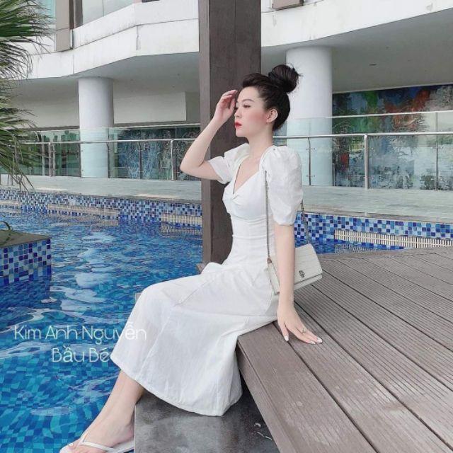 Đầm trắng maxi xoắn ngực xinh xắn, đầm nữ, váy nữ, đầm trắng dễ thương