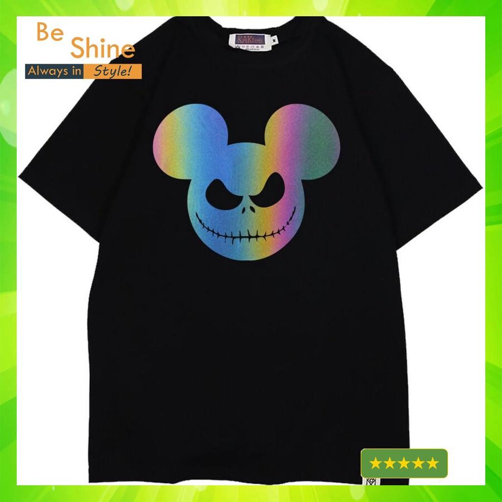 Áo Thun Unisex Form Rộng Hình Chuột Mickey Ma Quái Phản Quang Bảy Màu, Áo Phông Basic Cotton Cổ Tròn Tay Ngắn Thời Trang