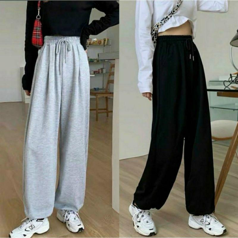 Quần Ống Suông Lưng Cao Unisex Chất Vải Thun Da Cá - Quần Ống Rộng Nỉ 2 Màu Đen Xám