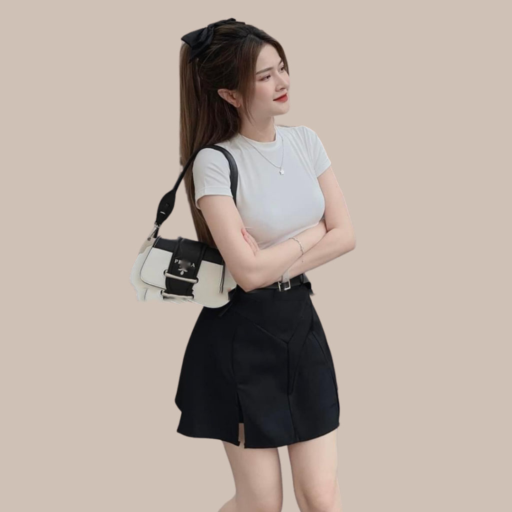 Bộ nữ chân váy kaki áo croptop vạt tôm chất cotton 168