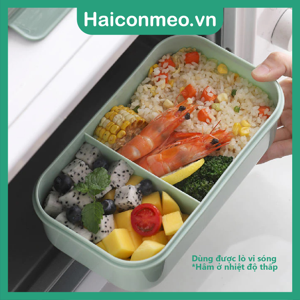 Tặng sticker Hộp Cơm LUNCH BOX Nhựa Dẻo PP Có 2 Ngăn Và Nắp Kèm Đũa Muỗng 1100ml