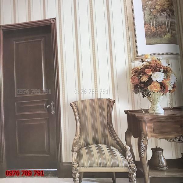 Giấy Dán Tường Kẻ Dọc Phòng Ngủ, Phòng Khách, Lụa Không Keo, Khổ 10m x 53 cm, Màu Vàng, Trắng Kem