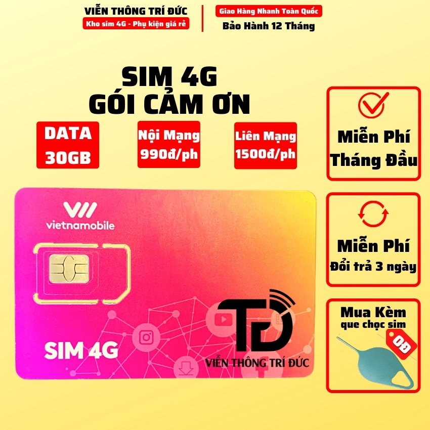 Hàng Chính Hãng - Sim 4G Vietnamobile Gói Cảm Ơn Data 120Gb (4Gb/ Ngày) - Sim Không Giới Hạn Data - Giá Siêu Rẻ