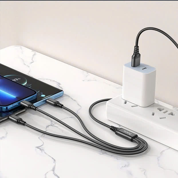 Cáp Sạc Hoco X76 3 Đầu Vỏ Bọc Dù Siêu Bền, Chống Rối, Chống Đứt Gãy Vượt Trội