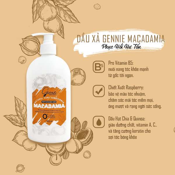 Dầu Xả Gennie Natural Care Dầu Hạt Macca Dành Cho Tóc Hư Tổn 400ml Chính Hãng