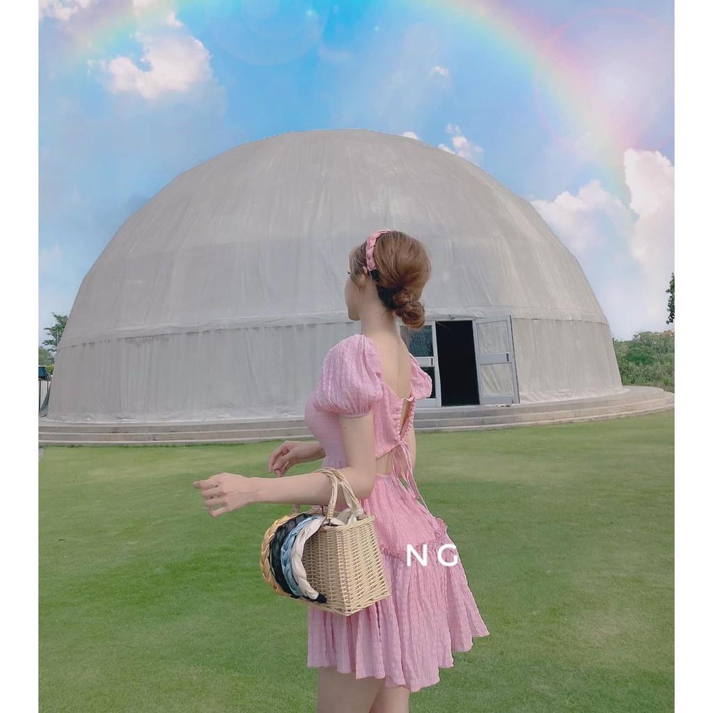 Đầm Xòe Tay Phồng Tùng Nhún Tầng Cột Dây Sau Lưng