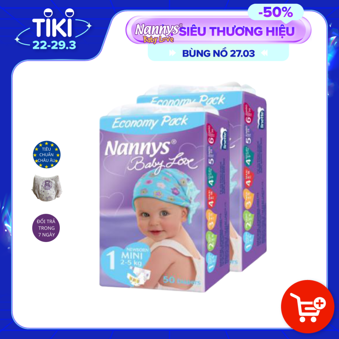 COMBO 2 Tã/ bỉm DÁN Nannys S/M/L/XL/XXL 50 miếng (Cho bé 2-25kg)