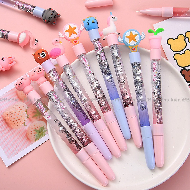 Combo 5 cây Bút bi mực nước thân kim tuyến nhũ bling, Bút bi nước cute (Chọn Ngẫu nhiên) + Tặng 1 ví tiền may mắn