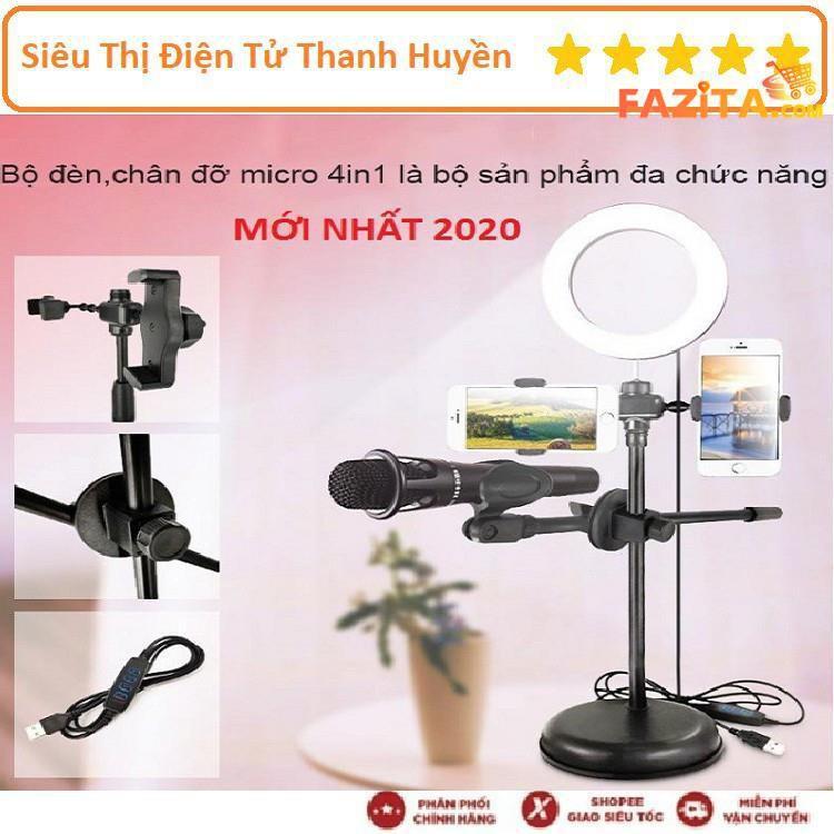 Đèn Live Stream 4in1 Để Bàn Có Chân Đỡ Micro LivesTream Hai Điện Thoại - Bộ Giá Đỡ Điện Thoại Livestream 4in1