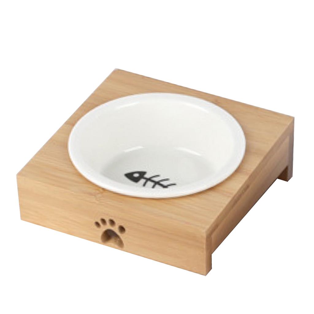 Elevated Dog and Cat Pet Bowls Feeder With Bamboo Frame & Ceramic Single Bowl