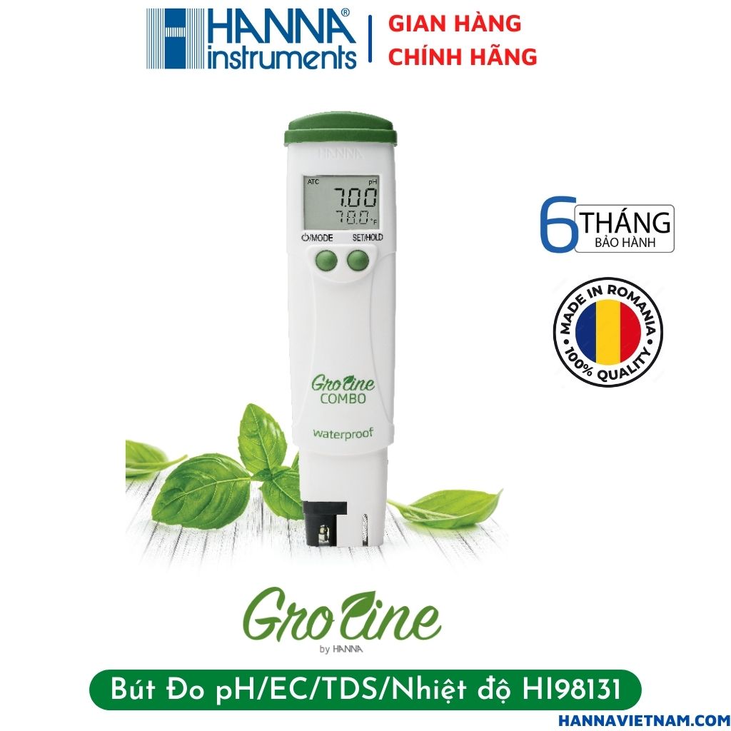 Máy Đo Dinh Dưỡng Combo pH/EC /TDS /Nhiệt Độ, Dòng GROLINE Chuyên Trong Thủy Canh, Dạng Bút Đo Bỏ Túi - HANNA - HI98131 - Tặng Kèm Gói Dung Dịch Hiệu Chuẩn Máy