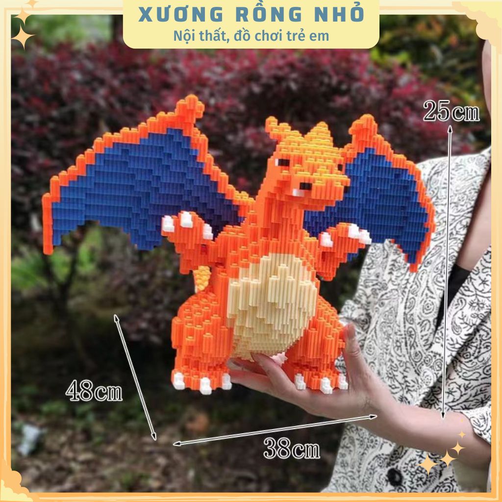 Mô hình Rồng Lửa Charizard cỡ lớn size to 26cm đồ chơi xếp hình nano 3d cho bé chuẩn mẫu, RỒNG CAM 26CM