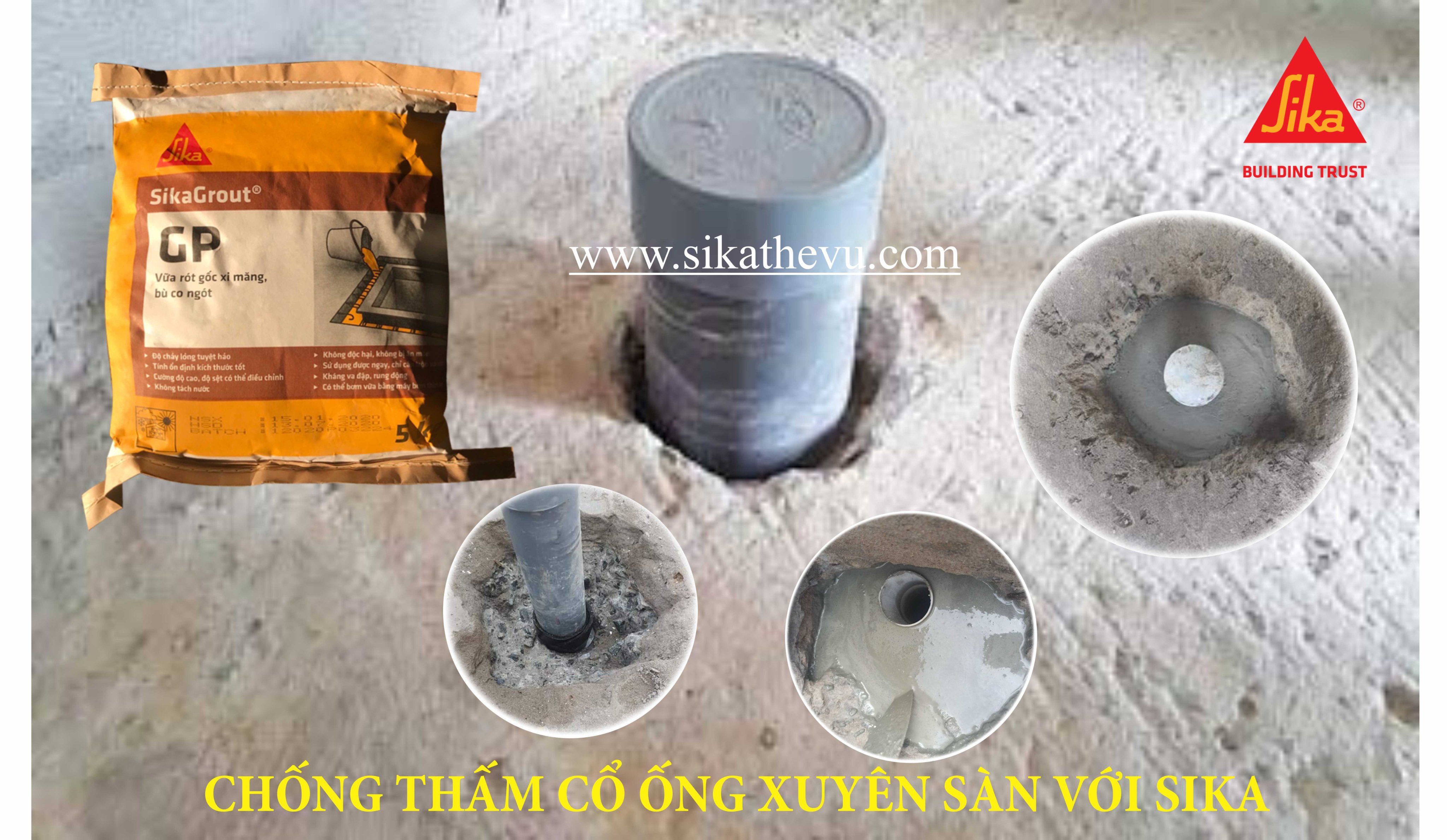 Vữa đổ chống thấm cổ ống xuyên sàn - SikaGrout GP (bao 5kg)