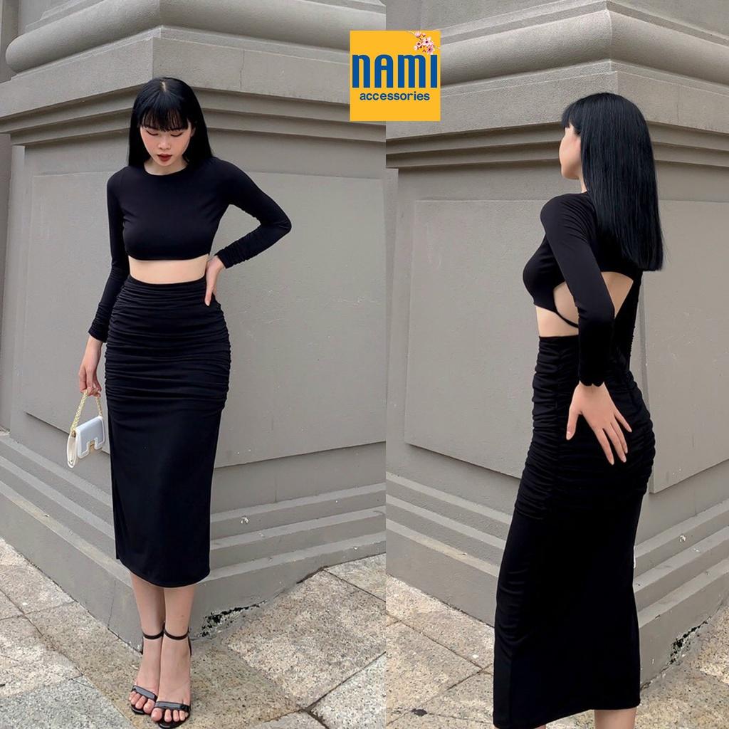 Set Áo Croptop Tay Dài Cutout Lưng Kèm Chân Váy Body Rúm Chuẩn Xịn Căng Đét Quyến Rũ - QANU522