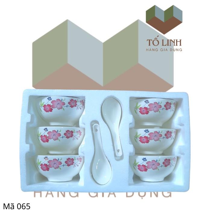 Hộp 6 Chén 6 Muỗng Sứ Hoa Và Sứ Trắng,Combo Bộ 6 Chén 6 Muỗng Sứ Hoa Và Sứ Trắng