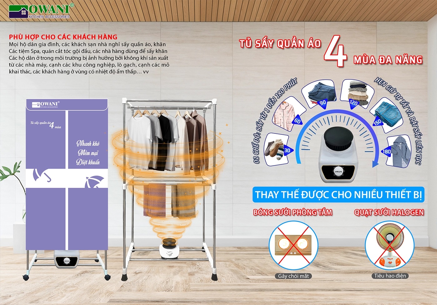 Máy Sấy - Tủ Sấy Quần Áo Khung Inox Owani TS-240F - Màu Ngẫu Nhiên - Hàng Chính Hãng