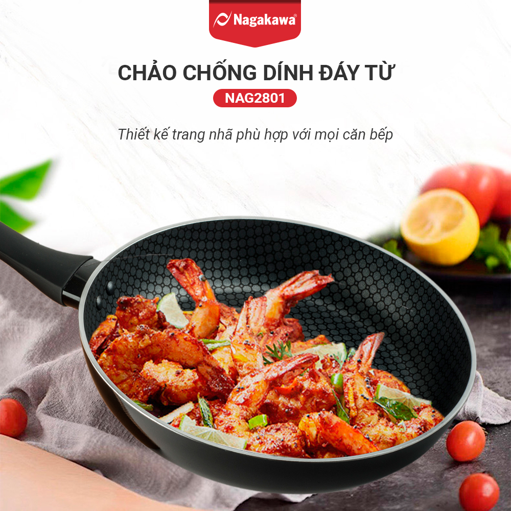 Chảo Cạn Nagakawa NAG2801 Đáy Từ 5 Lớp Chống Dính Cao Cấp (size 28cm) - Dùng Trên Mọi Loại Bếp - Hàng Chính Hãng