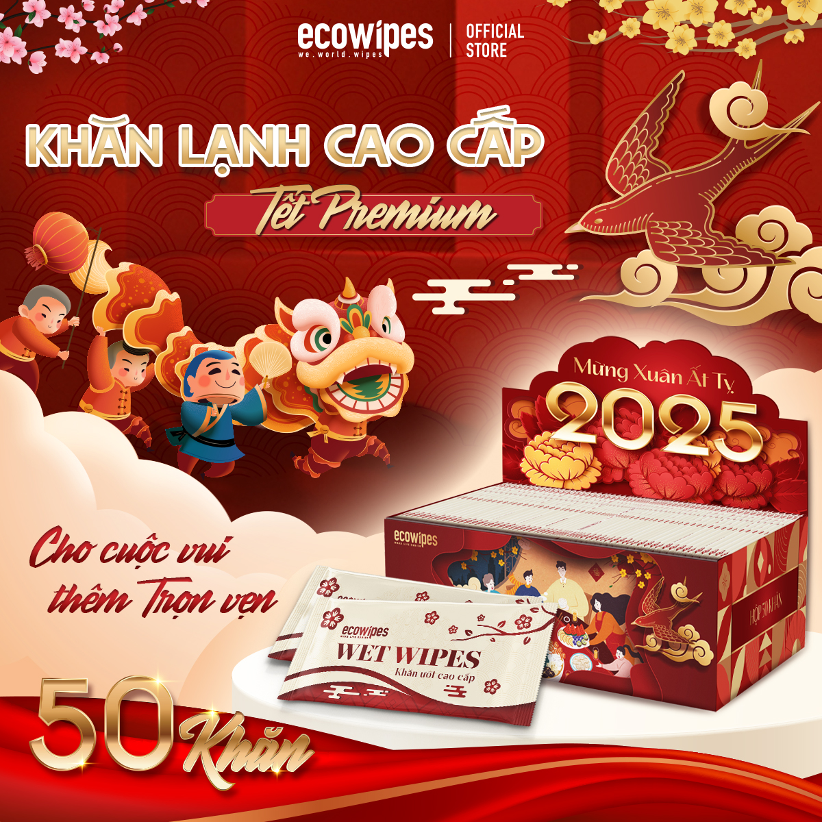 Hộp 50 tờ khăn ướt cao cấp EcoWipes Tết Preminum hương thơm mát tự nhiên để bàn ăn tiếp khách