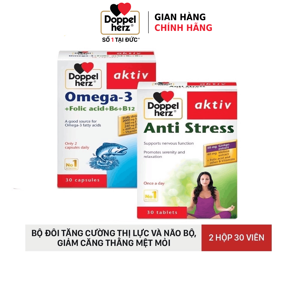 Bộ đôi tăng cường trí lực, giảm căng thẳng mệt mỏi Omega 3 + Folic acid + B6 + B12 và Anti Stress Doppelherz