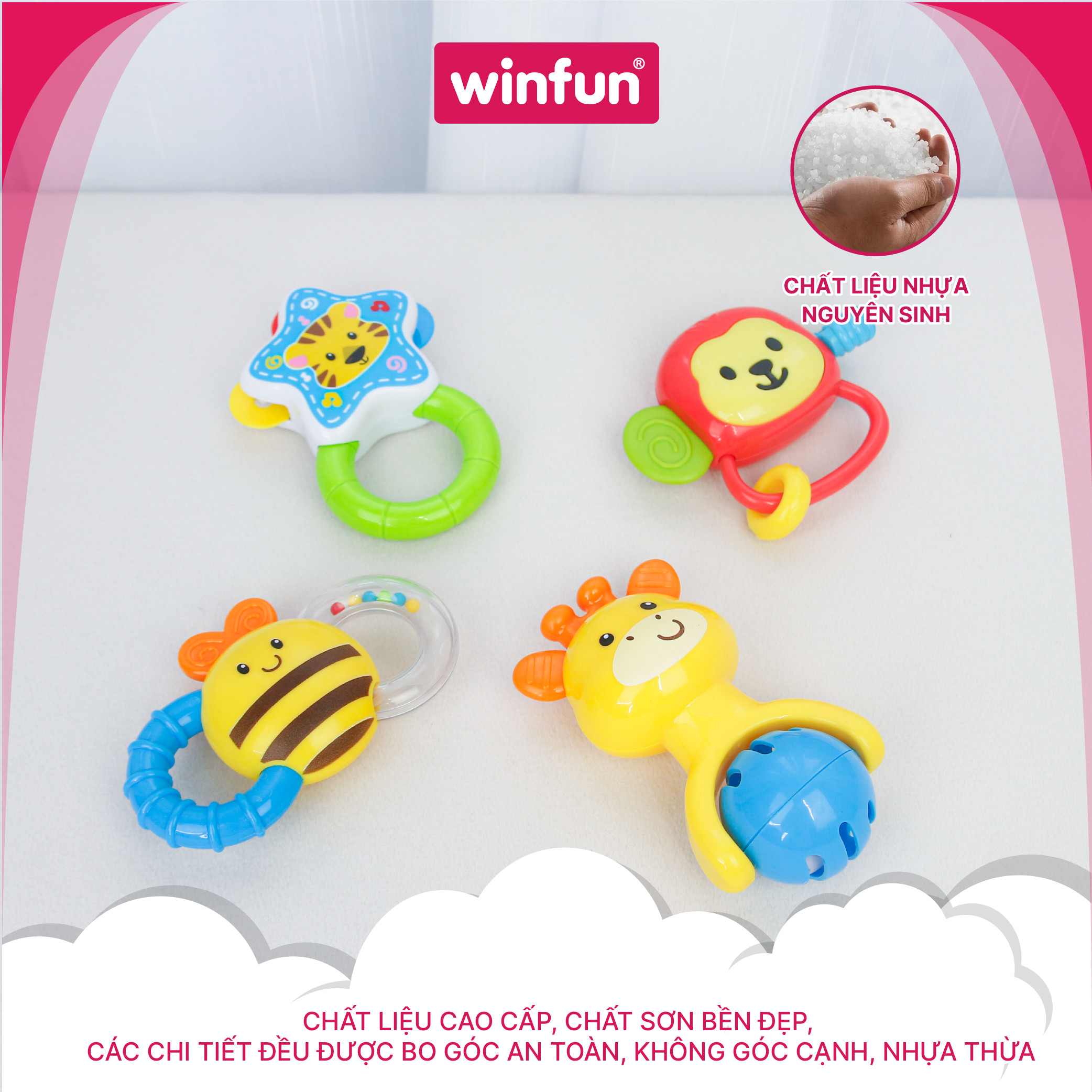 Set 4 đồ chơi xúc xắc cầm tay, gặm nướu chủ đề động vật hoang dã Winfun 0634-NL