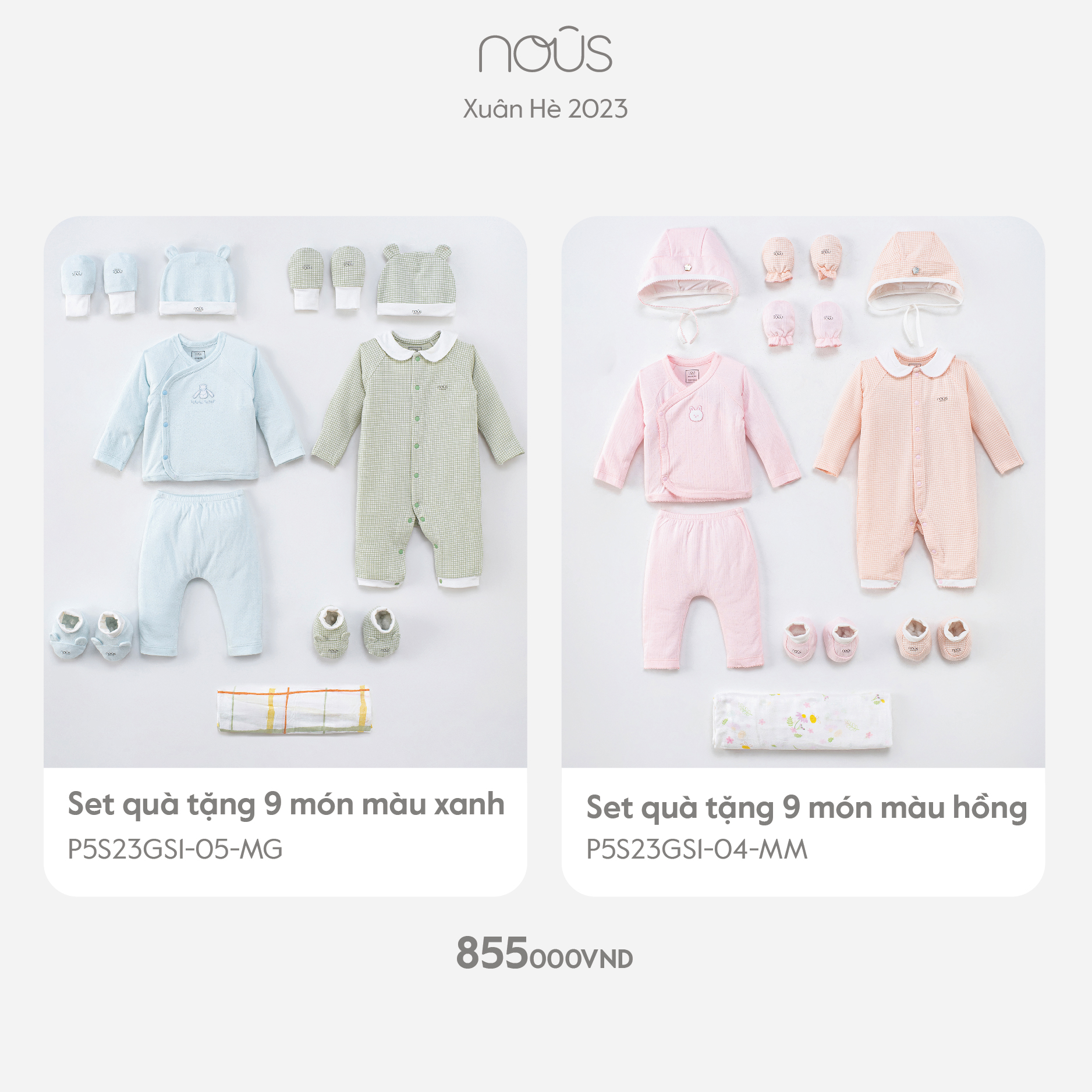 Set quần áo, mũ , yếm, 2 đôi bao tay bao chân, khăn tắm Nous hai màu dành cho bé sơ sinh chất liệu Nu Petit mềm mại