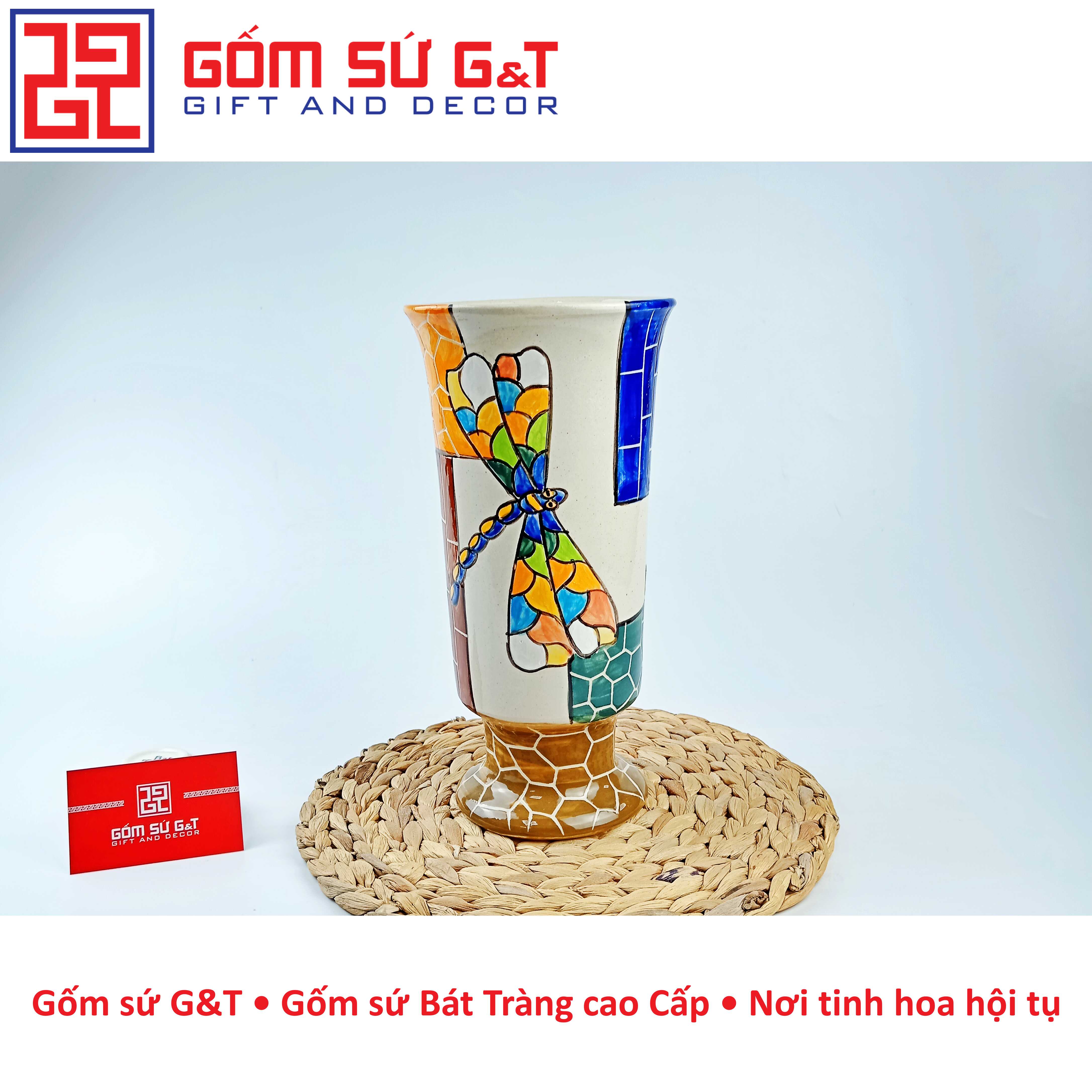 Lọ hoa trang trí dáng chân ly thấp khắc chuồn Gốm Sứ G&T