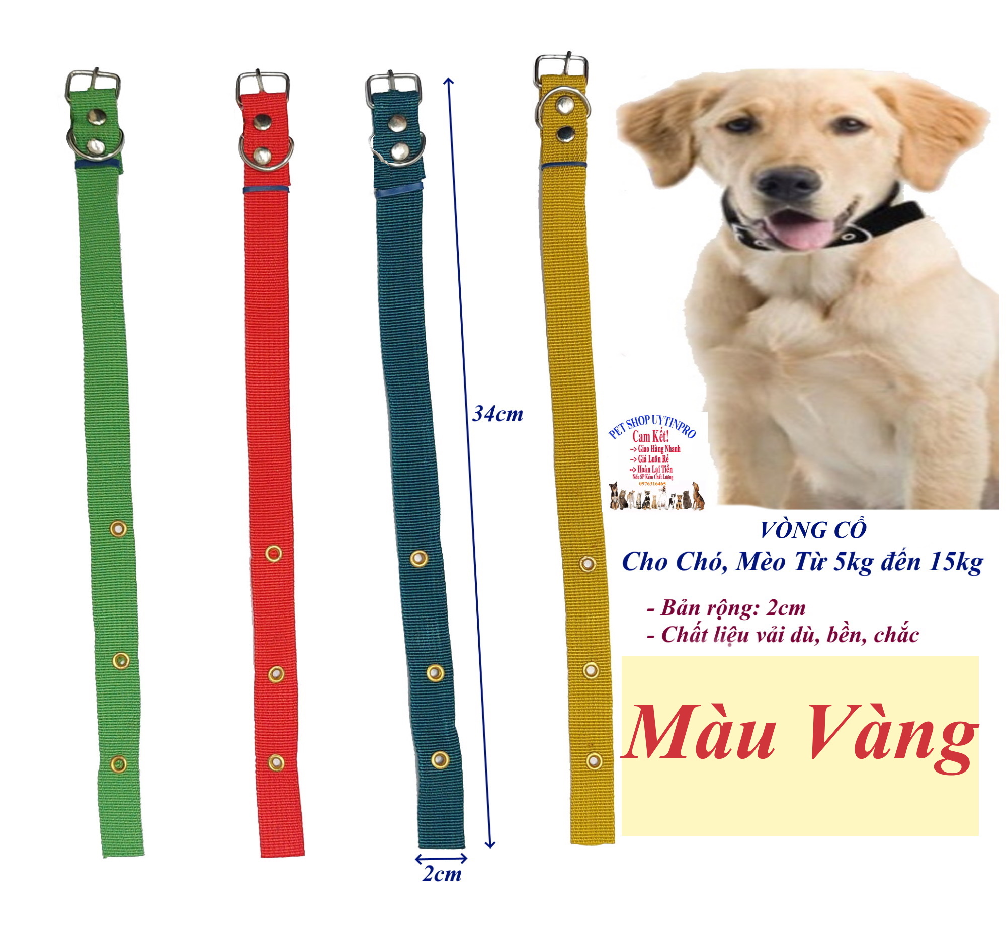 Vòng cổ cho Chó Mèo từ 5kg đến 15kg Bản rộng 2cm Chất liệu vải dù bền chắc Có gài điều chỉnh, Sản xuất tại Việt Nam