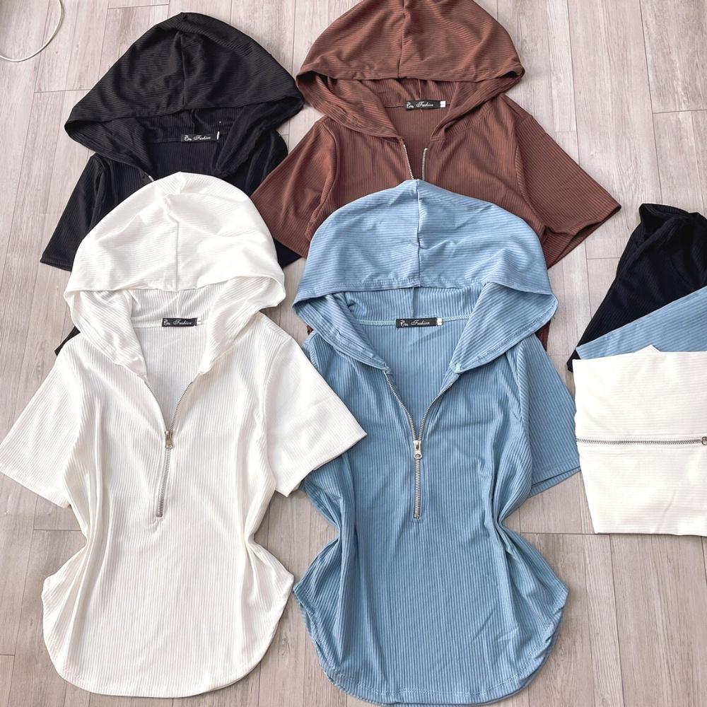 Áo thun tay ngắn croptop bigsize khóa kéo có nón lai bầu chất gân tăm co giãn phom rộng 60-95kg G32 - Đen