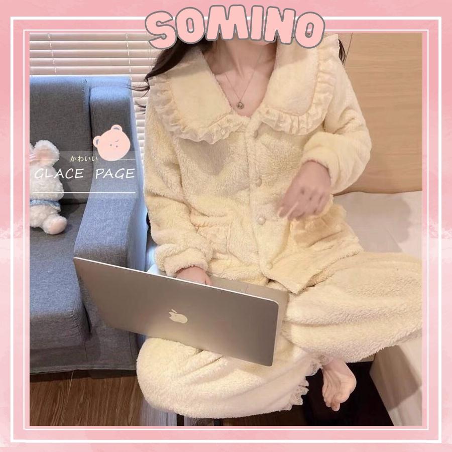 Bộ Đồ Ngủ Lông Pijama Quần Áo Mặc Ở Nhà Dài Tay Mùa Đông Mềm Mại Bộ Ngủ Mùa Đông Dày Dặn Ấm Áp