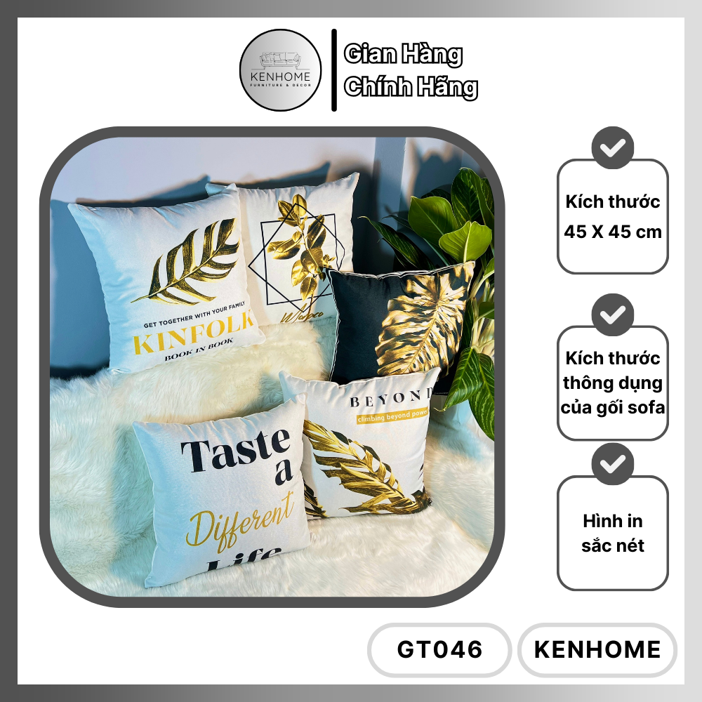 Gối Sofa Họa Tiết Lá Vàng Kim - Gối Tựa Lưng Sofa Sang Trọng Dành Cho Phòng Khách - Vải Bố Cao Cấp - Kích Thước 45X45cm