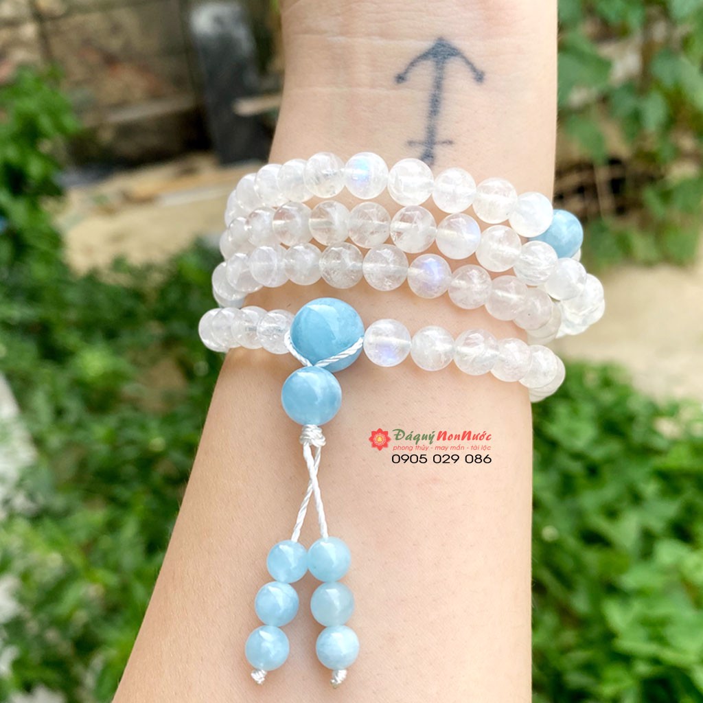 Chuỗi vòng đá thạch anh mặt trăng Moonstone 6ly mix lu thạch anh Aquamarine - đá Non Nước