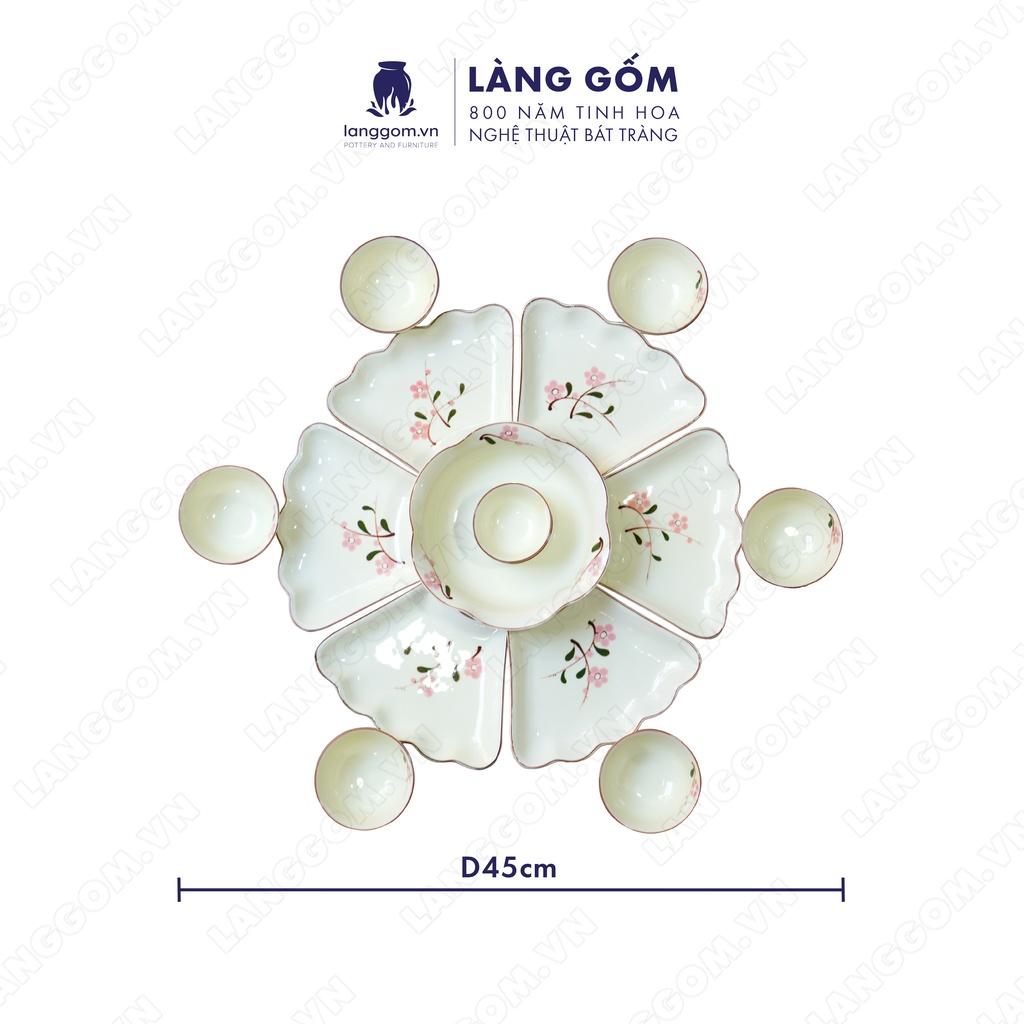 Bộ bàn ăn mặt trời vẽ đào hồng - Gốm sứ Bát Tràng - langgom.vn