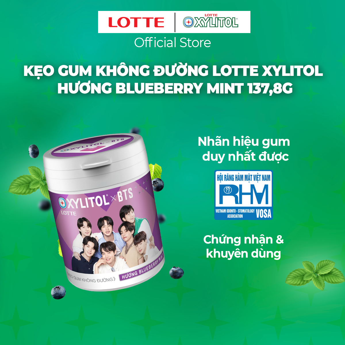 Combo 6 hũ Kẹo Gum không đường Lotte Xylitol - Hương Blueberry Mint 130,5 g