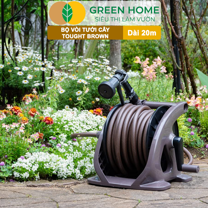 Bộ vòi tưới cây Takagi Tough Brown GreenHome, Dài 20m, Nhỏ Gọn, Bền Bỉ, Vòi Phun Đa Năng, Chuẩn Nhật Bản