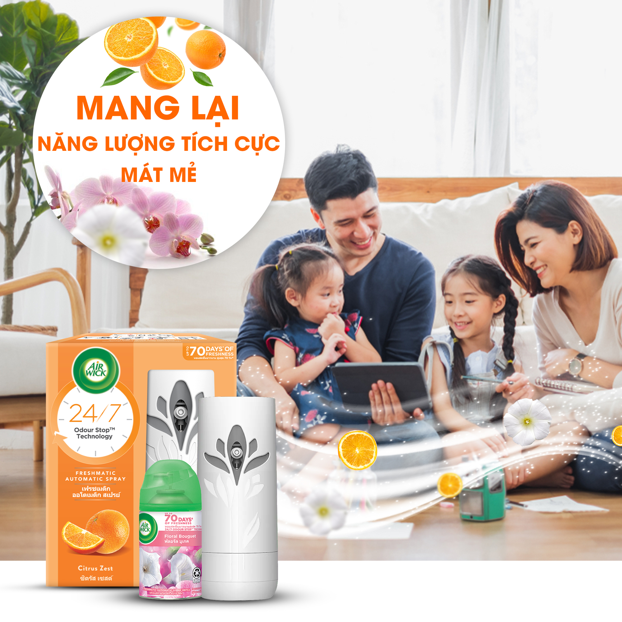 Bộ máy xịt phòng tự động Air Wick Cam quýt + Lõi hương bách hoa,UK, đắm say trong hương ngàn hoa, ngát hương 24/7