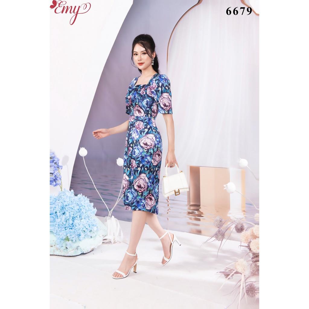 Đầm EMY EM6679 Body Cổ Vuông Lụa Vân Hàn