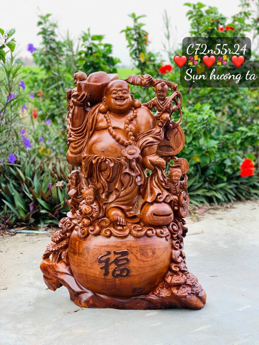 Tượng phật di lặc ngũ phúc bằng gỗ sụn hương ta cực đẹp kt cao 72×55×24cm