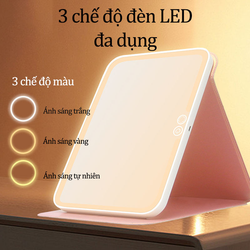 Gương Trang Điểm Để Bàn Có Đèn Led Hình Chữ Nhật Cảm Ứng Ba Chế Độ Chỉnh Được Độ Sáng Gương Bàn Trang Điểm Mini Cao Cấp Có Bao Da Chống Trượt Kiêm Gương Decor Pin Khỏe Nhiều Size Lựa Chọn