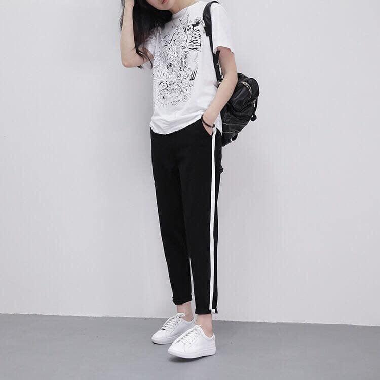 Quần jogger nữ dài màu đen vải umi Quần thể thao sọc Co giãn 4 Chiều Đai chun ống bó vừa mặc đi học tập gym