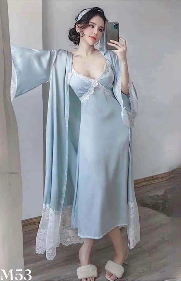 [Hantu Sleepwear]-Set áo choàng + váy ngủ lụa dáng dài qua gối mặc nhà sang trọng ,sexy-Màu xanh xám kèm đai áo choàng