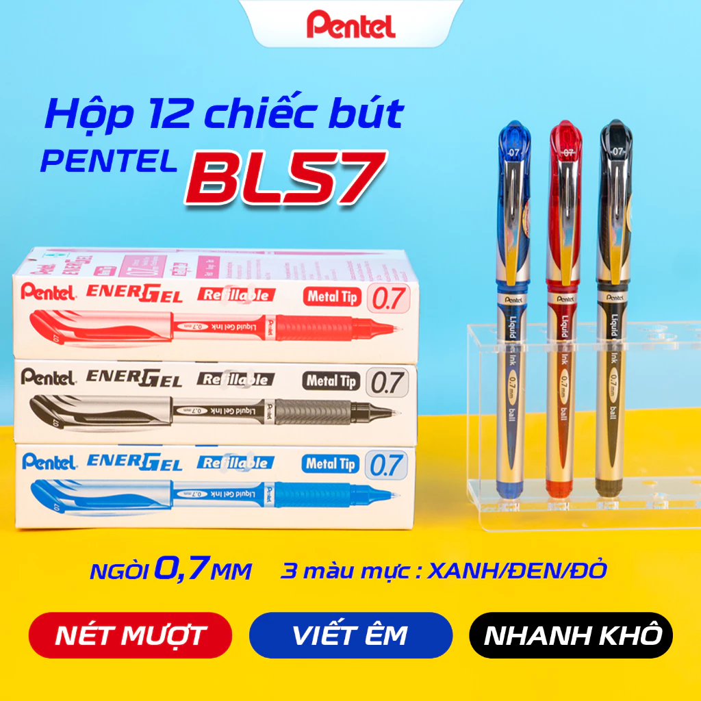 Bút Ký Nhật Bản Pentel Energel BL57  Bút Ký Mực Gel Nét 0.7 Cao Cấp Siêu Nét Siêu Mượt Cho Chữ Ký Hoàn Hảo – Xanh