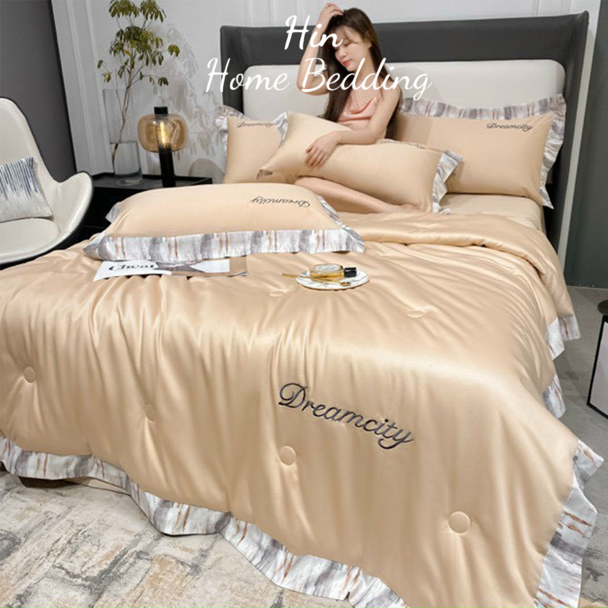 Bộ Chăn Ga Gối Đệm 5 Món Chăn Phao Lụa Thái Hin Home Bedding Mẫu Vàng