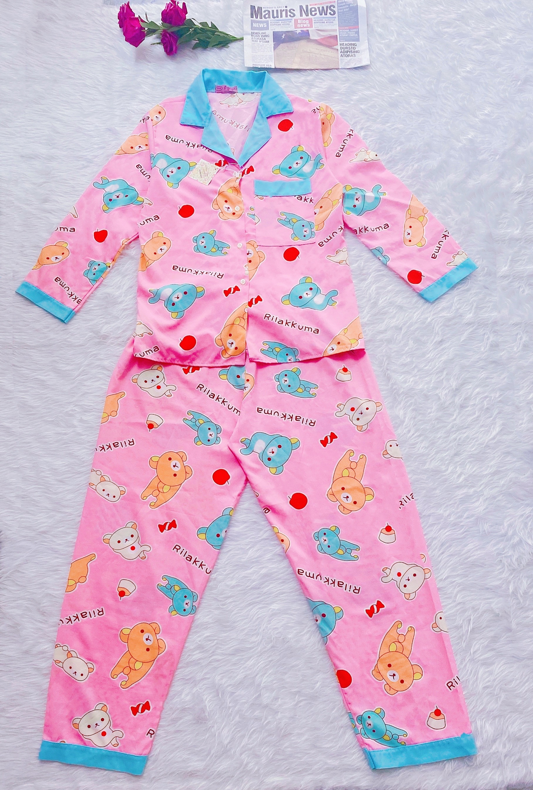 Đồ Bộ Pijama Gấu Hồng Xanh Lụa Thái Mịn Hoạ Tiết Tay Dài Quần Dài Siêu Xinh