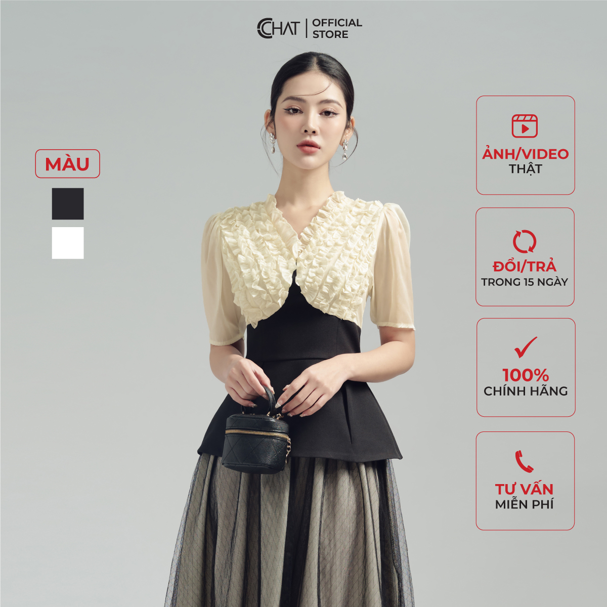 Áo Kiểu Nữ Cổ V Bèo Thân Tà Peplum Chất Tuytsi Hàn Mềm Mịn 53ANS8002PT