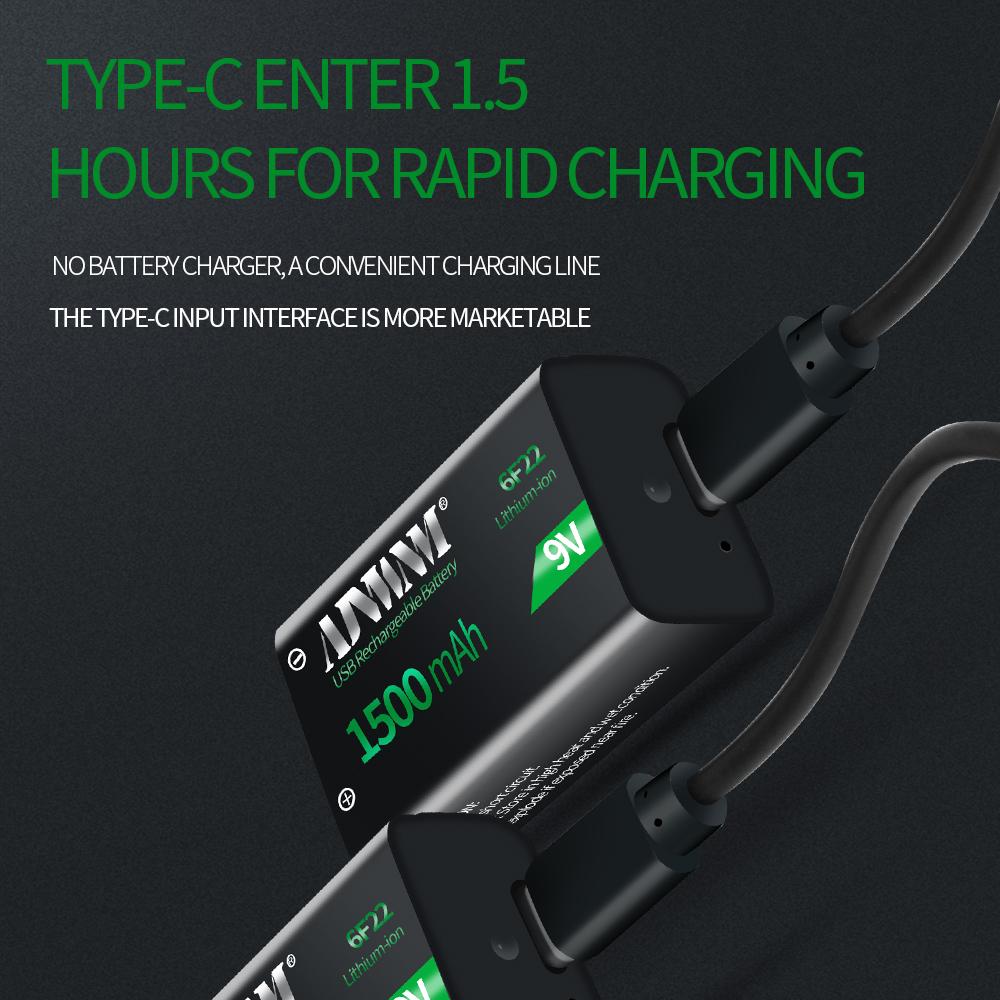 1500mAh type-c USB 9 Volt Pin sạc li-ion 6F22 9V Li ion Pin cho đồ chơi mô hình máy bay trực thăng RC Micrô Màu sắc: 2 cái