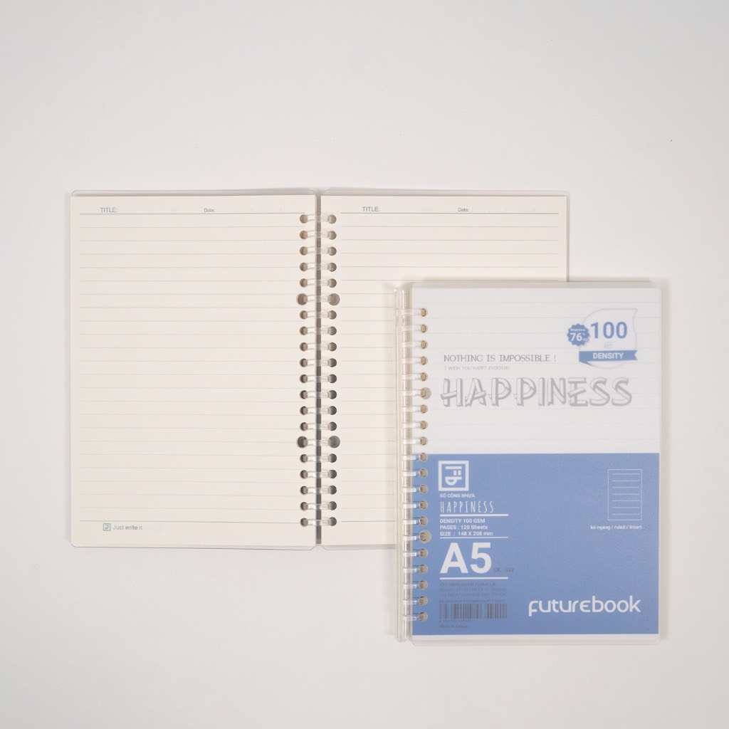FUTUREBOOK-Sổ Còng Nhựa Happiness A5 20Chấu-120 Trang-Định Lượng 100Gsm.Dòng Kẻ Ngang . MÃ SP B592